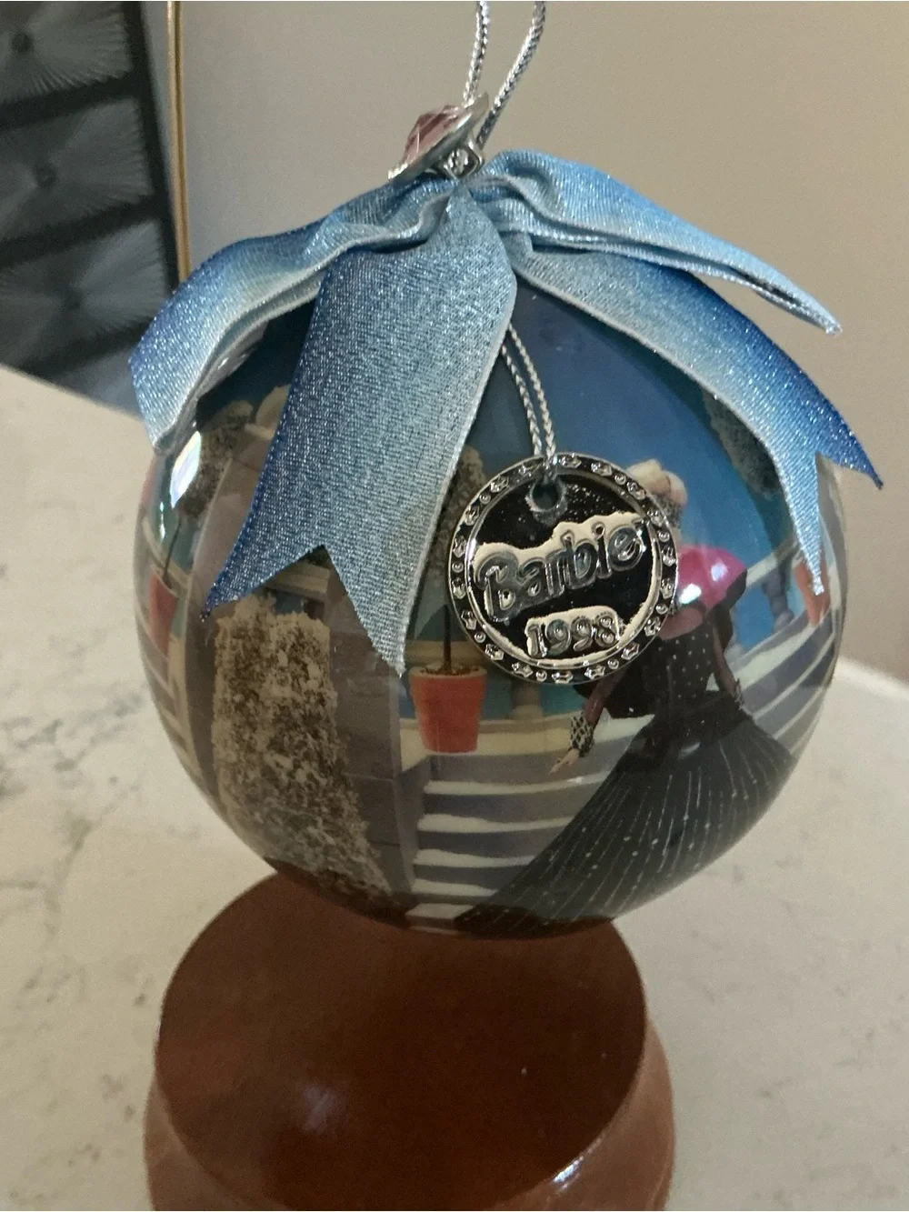 Vintage 1998 Barbie holiday Christmas decoupage ornament 4” globe wooden stand